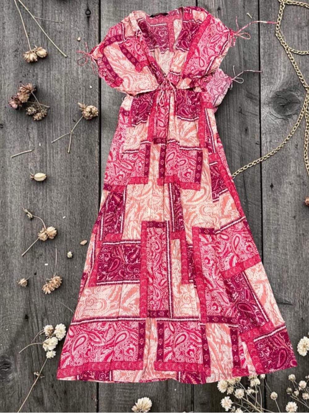 NEW~ Zara Pink Patchwork V-Neck Maxi Dress  size Medium - Picture 8 of 16